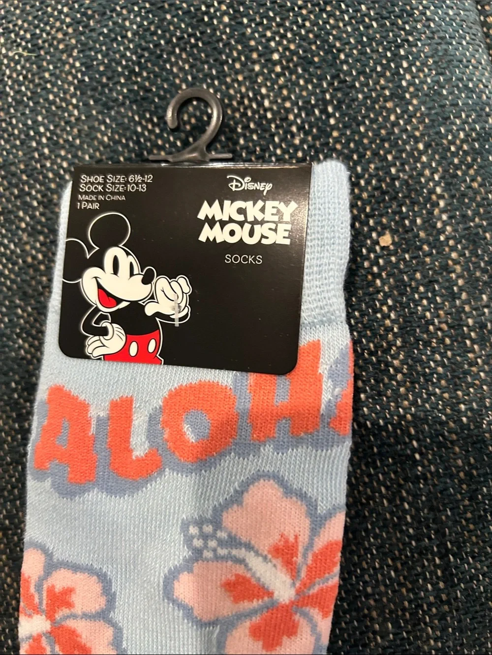 Disney Light Blue Mickey Mouse Aloha Crew Socks with Orange Floral Accents